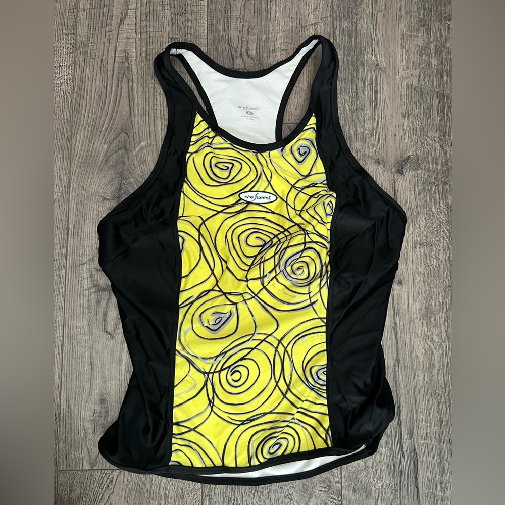 Shebeest Black and Yellow Fitted Graphic Triathlon Tank Top